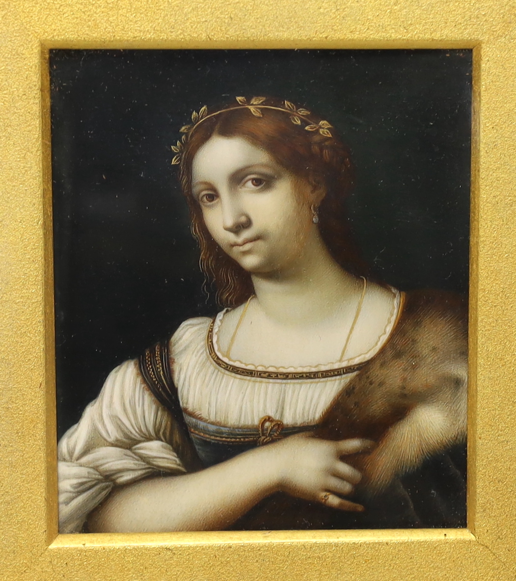 After Sebastiano del Piombo (Italian, 1485-1547), hand-painted miniature on ivory, Portrait of a Woman, housed in an ornate gilt frame, 10 x 8.5cm CITES Submission reference X6X24UNU